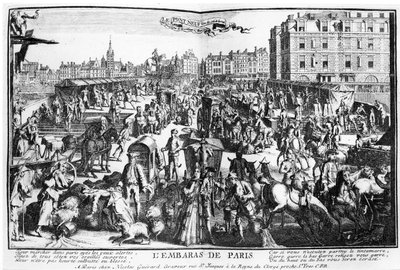 The Congestion in Paris, Pont Neuf from the Rue Dauphine by Nicolas Guerard